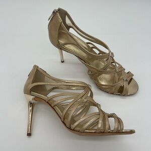 Antonio Melani Gold Strappy Heels Jeweled Leather Open Toe Womens Size 9.5